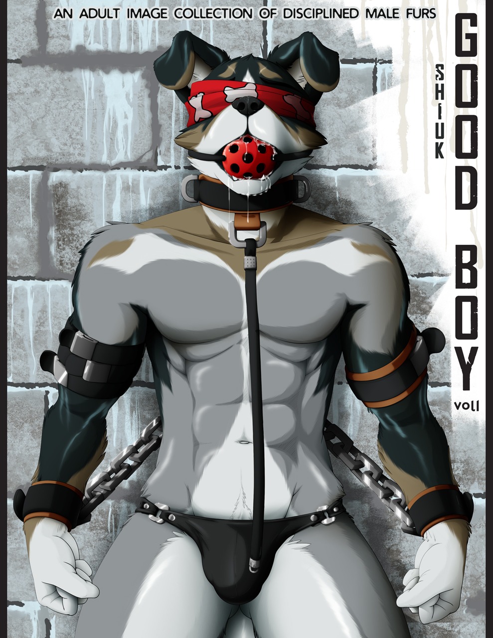 anthro ball_gag bdsm blindfold bodily_fluids bondage bound breathable_gag bulge canid canine canis chain clothing collar cuff_(restraint) domestic_dog e621 english_text floppy_ears g-string gag gagged good_boy hi_res leash leather leather_cuffs male mammal pet_praise praise restraints saliva sensory_deprivation shiuk solo submissive submissive_male text underwear wrist_cuffs