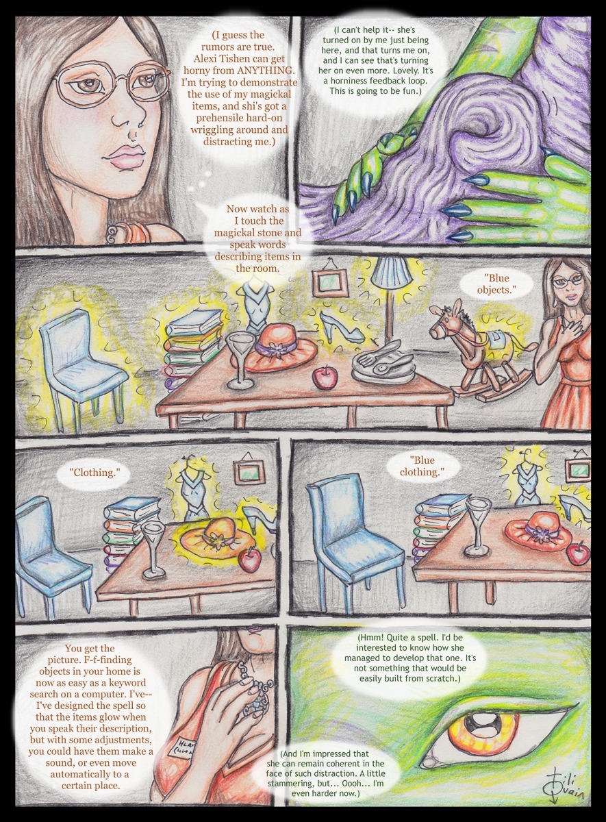 alexi_tishen anthro book breasts brown_hair chair clothed clothing colored_pencil_(artwork) comic convention cutlery dialogue dragon dress duo e621 english_text erection erection_under_clothing erection_under_dress eyewear female fork furniture glasses green_body green_scales gynomorph hair hat headgear headwear heather_kowalski herm_(lore) hi_res human intersex jewelry kitchen_utensils magic mammal mythological_creature mythological_scalie mythology necklace plate rocking_horse scales scalie spoon tenting text the_tishen_transformation tiliquain tools traditional_media_(artwork) zmeydros