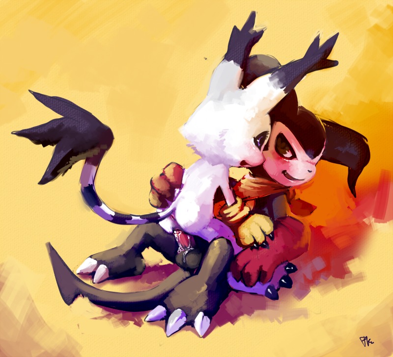 anthro cum demon digimon digimon_(species) domestic_cat feline female fur gatomon imp impmon male mammal markings monster_boy nude purplekecleon rule34 sex tail tail_markings