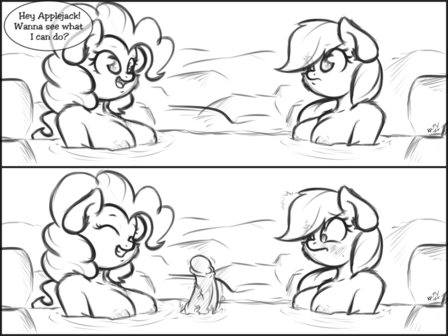2014 4:3 animal_genitalia animal_penis anthro anthrofied applejack_(mlp) blush dialogue digital_drawing_(artwork) digital_media_(artwork) duo e621 earth_pony english_text equid equine equine_genitalia equine_penis erection eyes_closed female friendship_is_magic genitals gynomorph hasbro hi_res horse hot_spring intersex koffeekuma mammal monochrome my_little_pony penis pinkie_pie_(mlp) pony shocked smile text water
