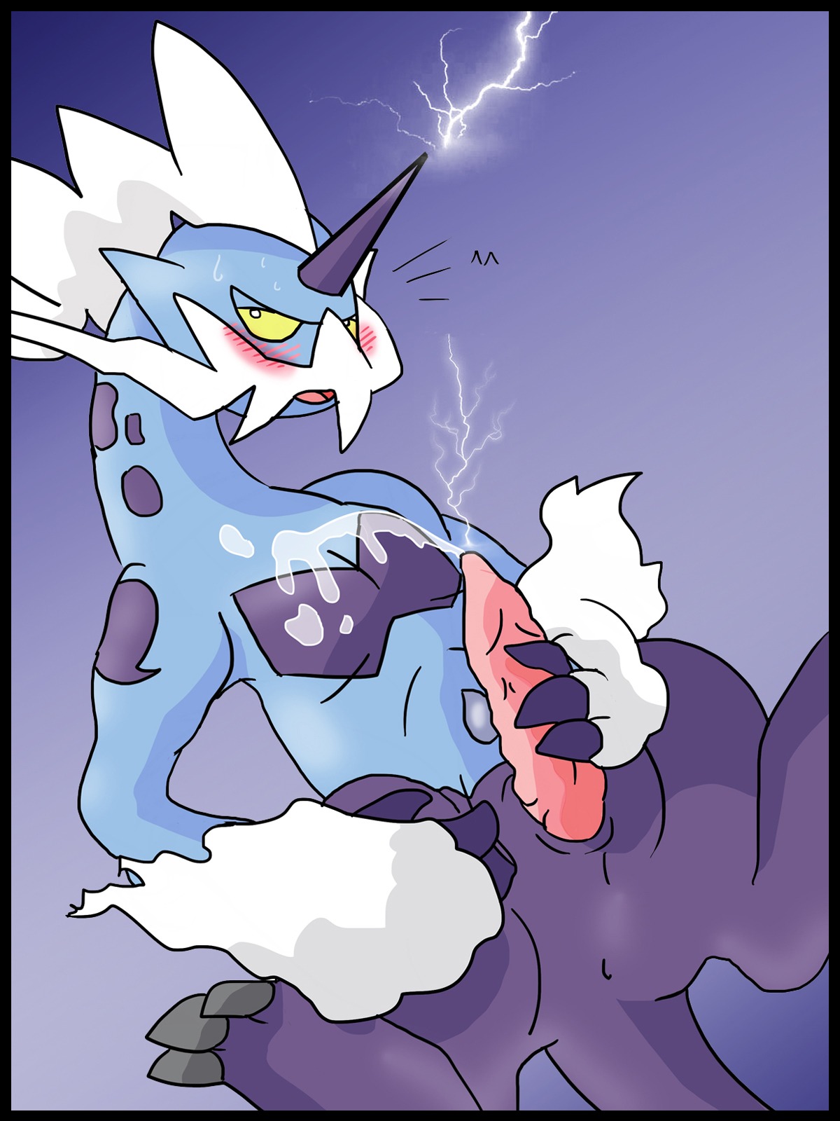 3:4 anus black_border blush bodily_fluids border claws cum dragon e621 electricity erection generation_5_pokemon genital_fluids genitals hi_res horn legendary_pokemon lightning looking_at_viewer male masturbation mycrunchycookie mythological_creature mythological_scalie mythology nintendo penile penile_masturbation penis pokemon pokemon_(species) scalie solo tail thundurus thundurus_(therian_form)