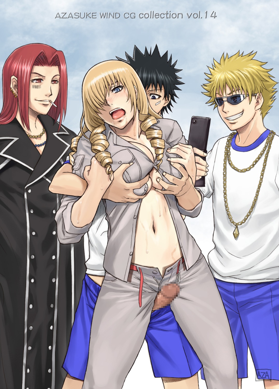 azasuke black_hair blonde_hair blue_eyes blush breast_grab breasts cellphone censored cigarette clenched_teeth drill_hair female gangbang group hair_over_one_eye highres kamijou_touma large_breasts long_hair male mosaic_censoring navel nipples no_bra open_mouth oriana_thompson outercourse penis red_eyes red_hair rubbing rule34 saliva sex short_hair smile standing stiyl_magnus sunglasses sweat thigh_sex thighs to_aru_majutsu_no_index tsuchimikado_motoharu