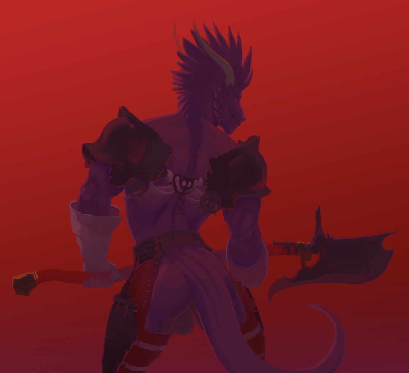 anthro armor axe backsack balls big_butt biped butt clothed clothing dragon e621 feathers genitals guisarme hair halberd hi_res horn looking_at_viewer looking_back male melee_weapon muscular muscular_anthro muscular_male mythological_creature mythological_scalie mythology orion_(pheel) partially_clothed penis pheel pinup polearm pose presenting purple_body purple_hair purple_skin rear_view scalie simple_background smile smirk solo spread_legs spreading tail topless underwear weapon