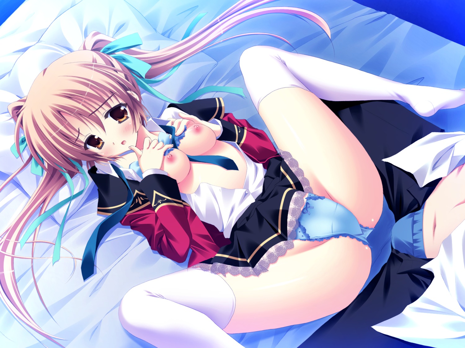amano_satsuki bed blush breasts brown_hair female game_cg hinamatsuri_touko nipples open_clothes open_shirt panties rule34 shirt thighhighs tied_hair twintails underwear yume_miru_tsuki_no_lunalutia