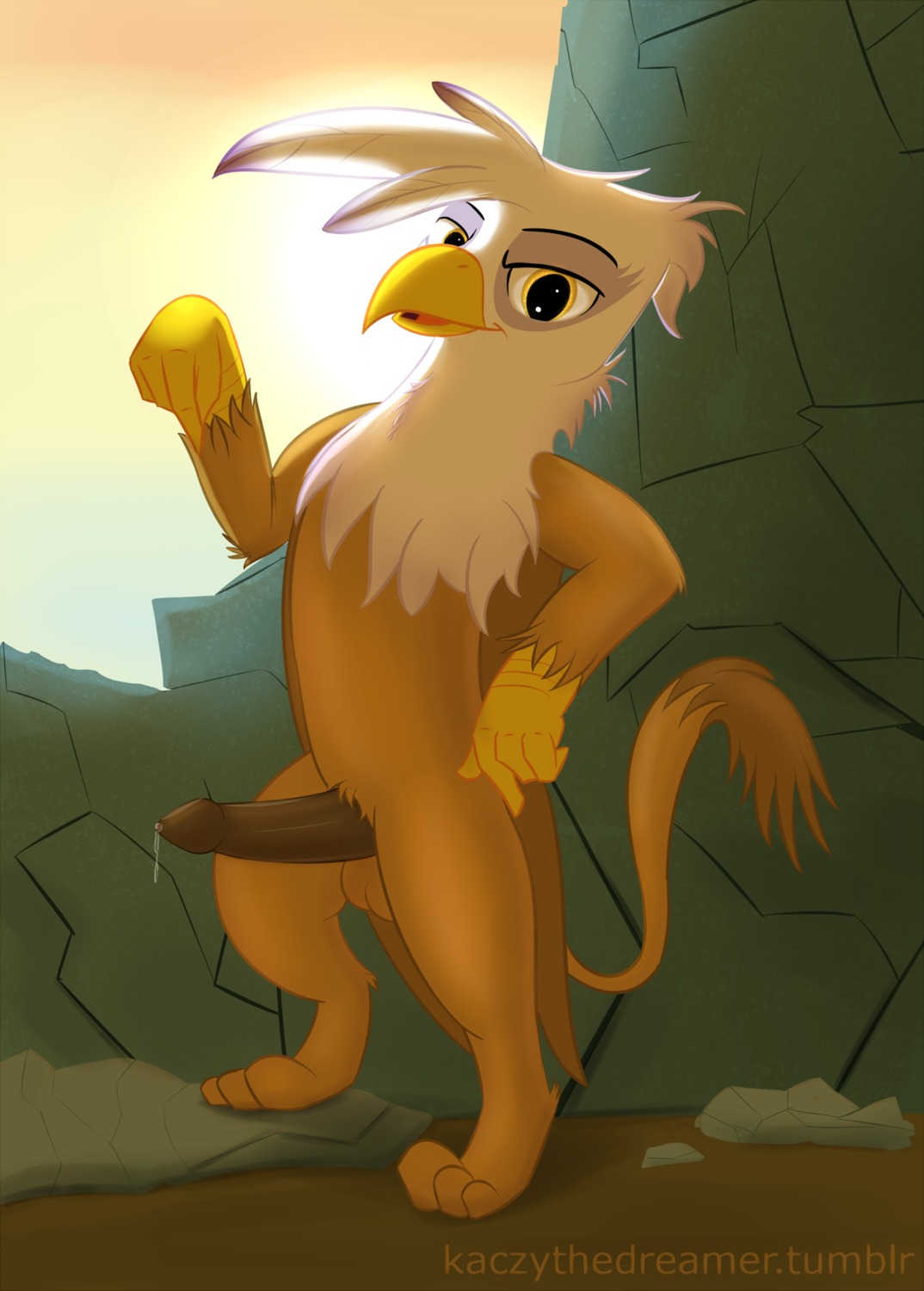 anthro avian balls beak biped bodily_fluids brown_body brown_feathers brown_hair claws crossgender dripping e621 erection feathered_wings feathers friendship_is_magic ftm_crossgender fur genital_fluids genitals gilda_(mlp) gryphon hair hasbro hi_res kaczy looking_at_viewer male my_little_pony mythological_avian mythological_creature mythology nude penis pose precum purple_body purple_feathers solo standing tail white_body white_feathers wings