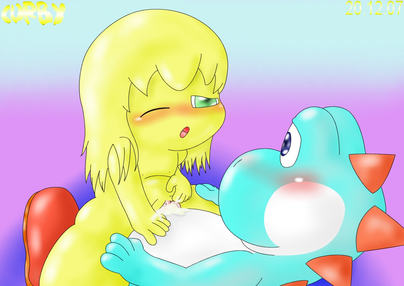 blush cowgirl_position cum curby female flat_chest fumu_(kirby) kirby:_right_back_at_ya! kirby_(series) mario_(series) nintendo one_closed_eyes rule34 smooth_skin tiff_(kirby) yoshi