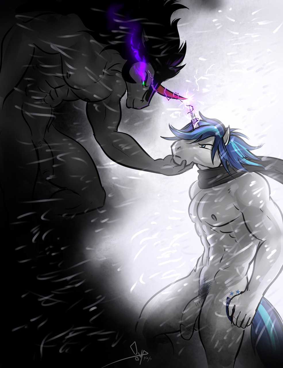 2013 anthro balls bgn circumcised digital_media_(artwork) duo e621 equid equine flaccid friendship_is_magic genitals hasbro hi_res horn humanoid_genitalia humanoid_penis king_sombra_(mlp) magic male male/male mammal muscular muscular_male my_little_pony mythological_creature mythological_equine mythology naturally_unclothed nude outside penis pubes scarf shining_armor_(mlp) snow unicorn