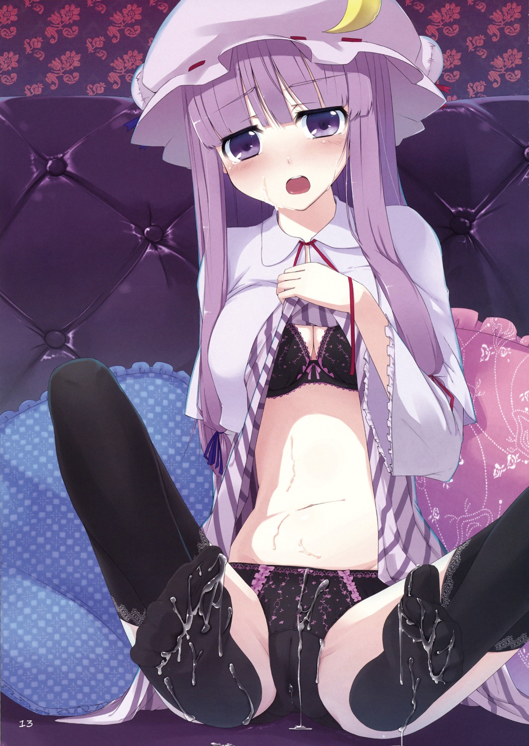 black_bra black_legwear black_panties black_thighhighs blush bra breasts cameltoe cleavage crescent cum cum_on_body cum_on_lower_body dress dress_lift feet female female_only hair_ribbon hat highres human legs lingerie long_hair muranisaki panties patchouli_knowledge pillow purple_eyes purple_hair pussy ribbon rule34 scan sitting solo thighhighs touhou underwear