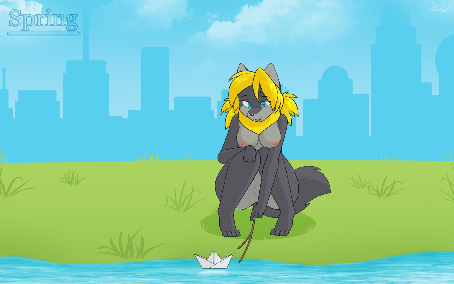 16:10 2014 4_toes anthro biped blonde_hair blue_eyes breasts canid canine canis city cloud digital_media_(artwork) e621 feet female genitals grass hair helsy hi_res kneeling lafille long_hair mammal nipples nude outside plant sky solo stick toes vulva water widescreen wolf