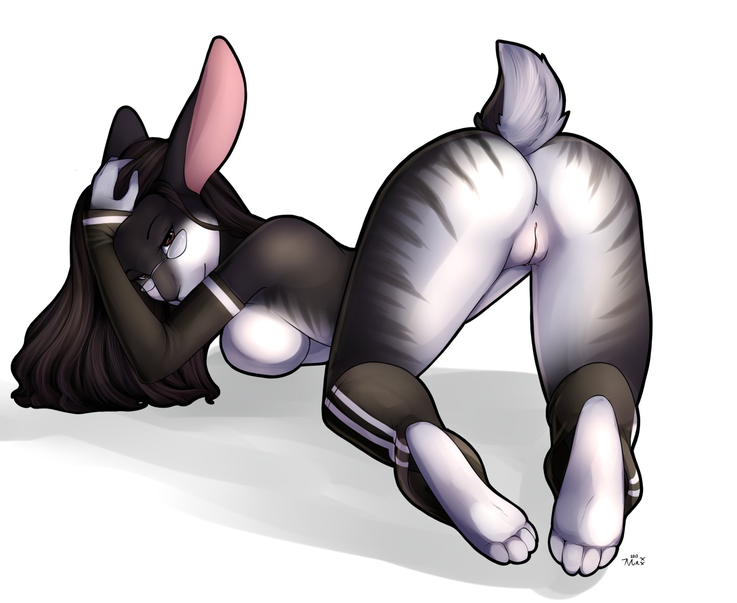 4_toes absurd_res all_fours anthro anus ass_up bedroom_eyes bent_over big_breasts biped black_hair breast_squish breasts brown_eyes butt butt_focus digitigrade e621 eyewear feet female fur genitals glasses glowolf hair half-closed_eyes hi_res hindpaw inviting lagomorph leporid looking_at_viewer looking_back looking_back_at_viewer mammal multicolored_body multicolored_fur narrowed_eyes naughty_face nude paws presenting presenting_hindquarters presenting_vulva rabbit raised_tail reina. seductive simple_background solo spread_legs spreading squish tail toes vulva white_background white_body white_fur