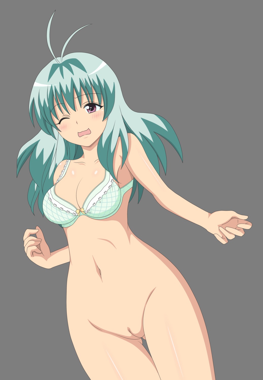 blush bra breasts female green_hair high_resolution lingerie long_hair medium_breasts official_art one_eye_closed photoshop pussy rule34 run_elsie_jewelria solo to_love-ru uncensored underwear