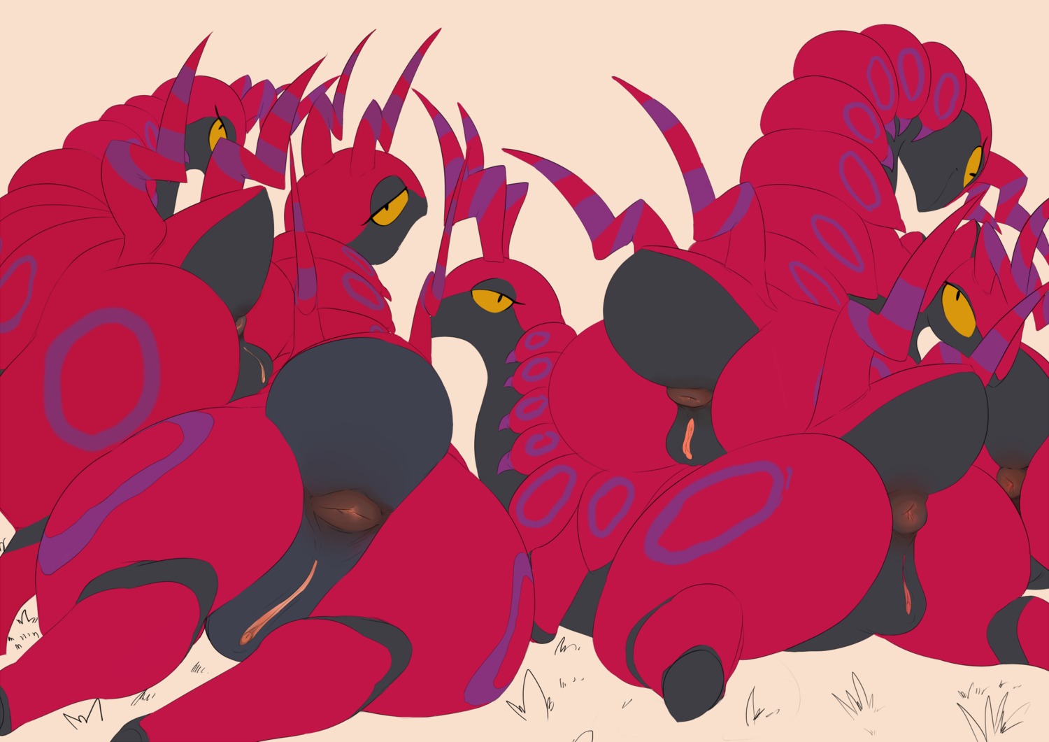 anus arthropod big_butt butt clitoris e621 female feral generation_5_pokemon genitals group hi_res looking_at_viewer looking_back myriapod nintendo pokemon pokemon_(species) presenting puffy_anus rear_view scolipede simple_background sunibee vulva
