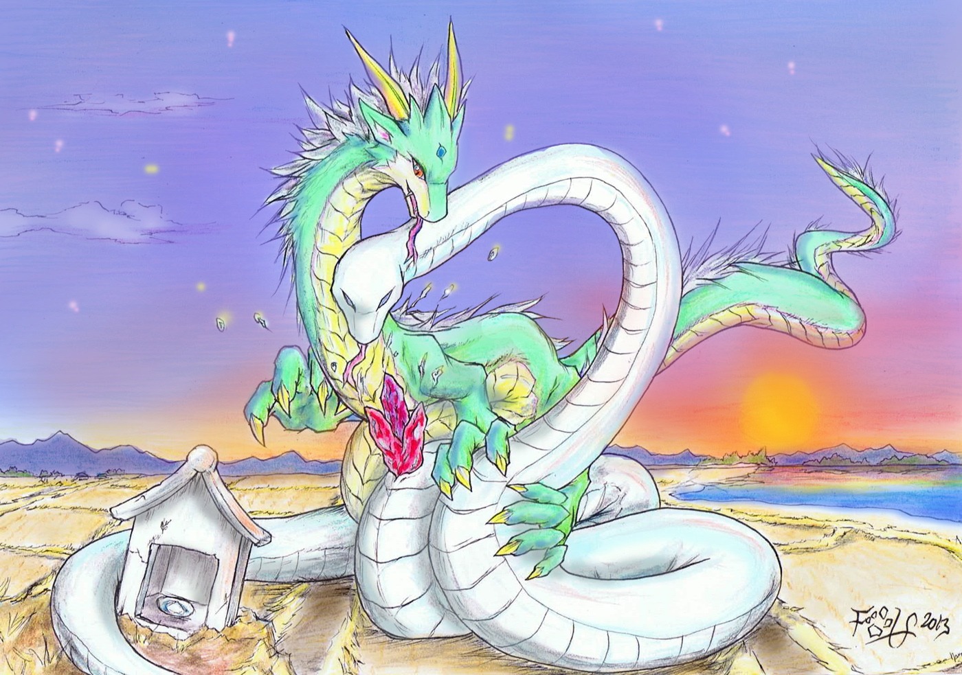 2013 2_penises animal_genitalia animal_penis asian_mythology bodily_fluids chinese_zodiac cloaca cum cumshot double_cumshot dragon duo e621 east_asian_mythology eastern_dragon ejaculation erection feral feral_on_feral folf-wolflove forked_tongue frottage genital_fluids genitals green_body hemipenes hokora interspecies long_tongue looking_at_viewer macro male male/male multi_cumshot multi_genitalia multi_penis mythological_creature mythological_scalie mythology orgasm outside penile penis penises_touching religion reptile river scalie sex shinto shrine snake star sunrise tail tongue tongue_out vertical_cloaca white_body year_of_the_dragon year_of_the_snake