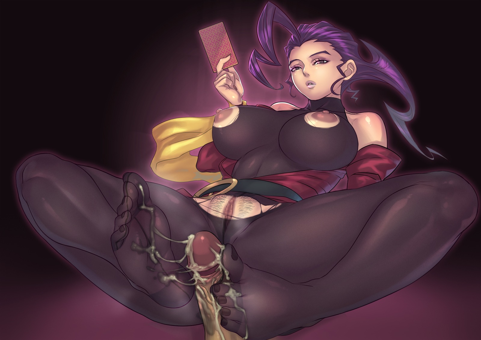 bare_shoulders belt breasts capcom card censored cum cum_on_feet feet female footjob highres human large_breasts male nippleless_clothes nipples pantyhose penis pubic_hair purple_eyes purple_hair pussy rose_(street_fighter) rule34 sethxzoe straight street_fighter torn_pantyhose