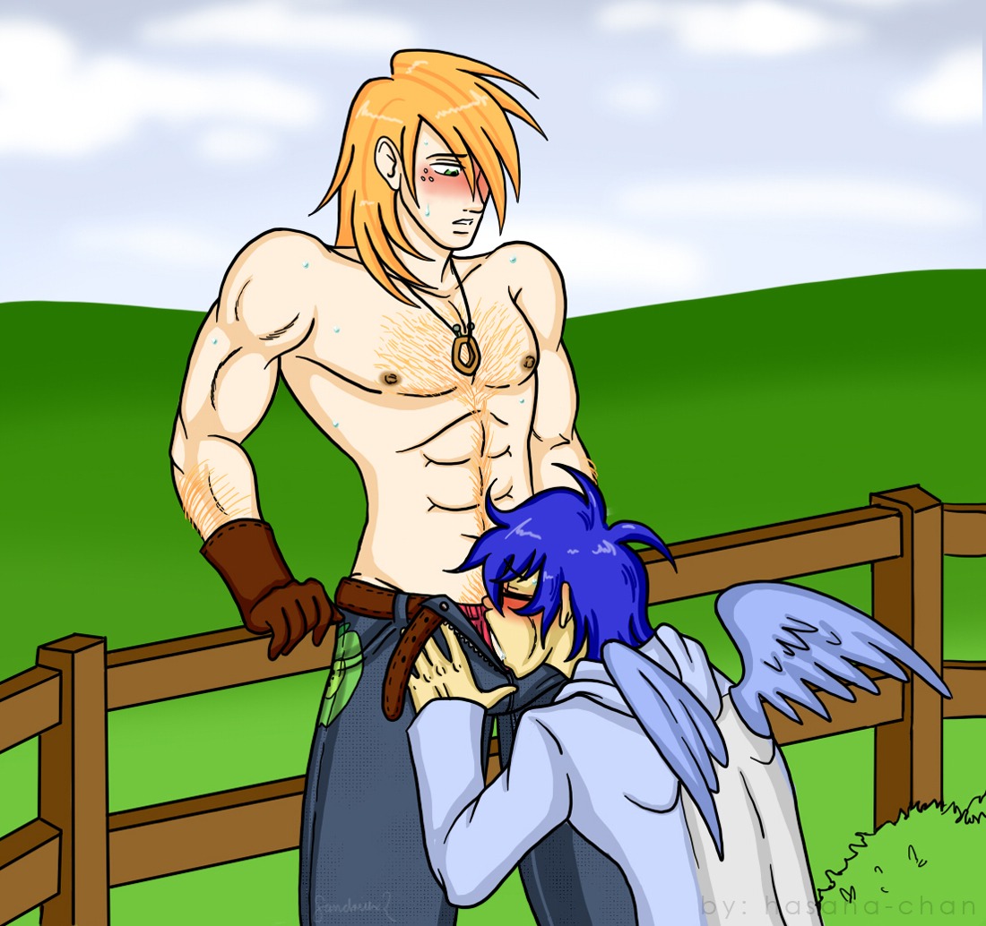 abs against_fence against_surface alternate_species big_macintosh_(mlp) blue_body blue_feathers blue_hair blush bodily_fluids clothed clothing deep_throat duo e621 feathered_wings feathers fellatio fence freckles friendship_is_magic hair hasana-chan hasbro human human_on_humanoid humanized humanoid humanoidized interspecies male male/male male_penetrated male_penetrating male_penetrating_male mammal my_little_pony not_furry oral oral_penetration penetration penile penile_penetration penis_in_mouth sex signature soarin_(mlp) sweat topless winged_humanoid wings wonderbolts_(mlp)