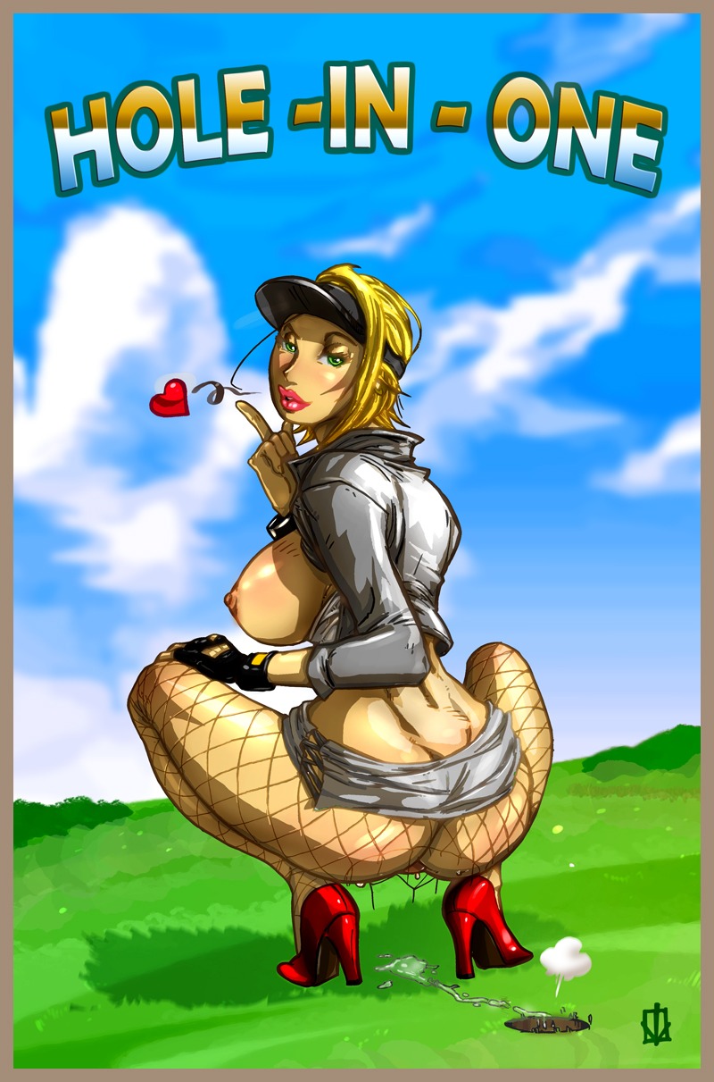 anya_(everybody's_golf) backboob breasts everybody's_golf female female_only fishnets high_heels kamina1978 large_breasts open_clothes pussy pussy_juice_trail rule34 sideboob skirt_lift squatting