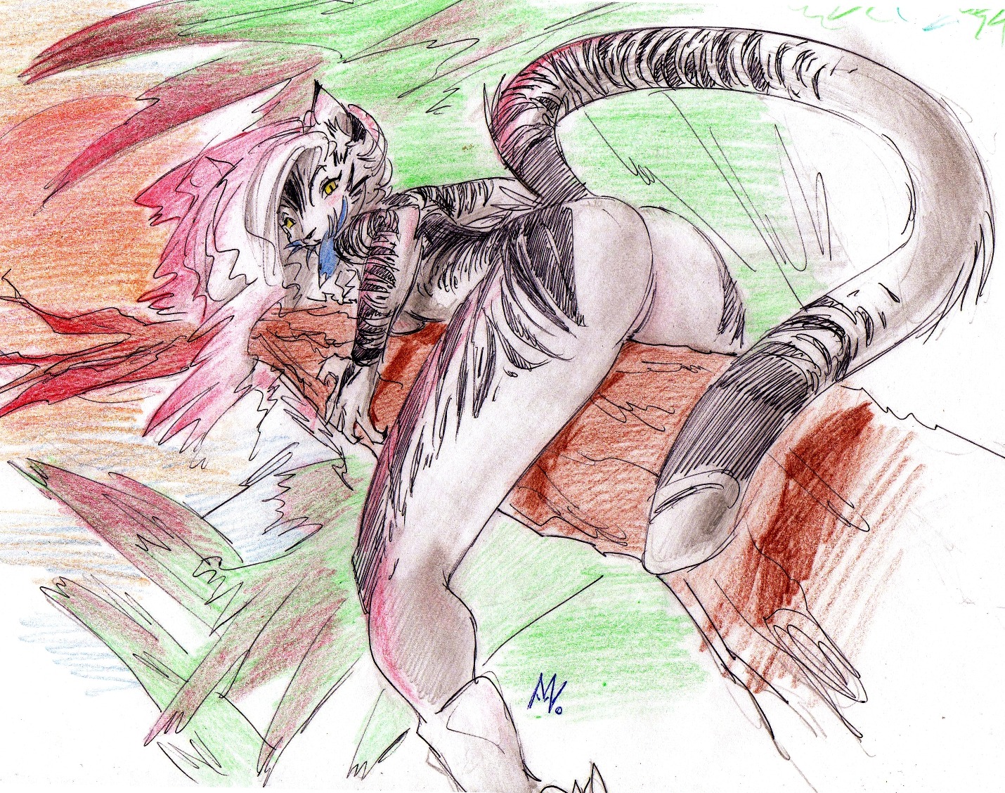 2011 anthro avian bird black_body black_fur blush branch breast_squish breasts claws domestic_cat e621 estella_(zummeng) felid feline felis female fur genitals hair in_tree looking_at_viewer looking_back mammal multicolored_body multicolored_fur on_branch outside plant solo squish stripes sunset tail traditional_media_(artwork) tree two_tone_body two_tone_fur vulva white_body white_fur white_hair wood yellow_eyes zummeng