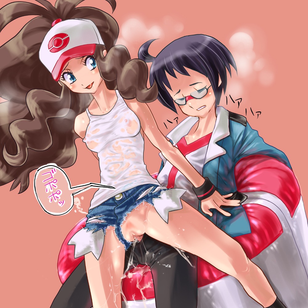 black_hair blush breasts brown_hair censored cheren_(pokemon) cum denim denim_shorts female game_freak glasses hilda_(pokemon) human long_hair male nintendo nipples no_panties otsukare penetration pokemon pokemon_bw ponytail pussy reverse_cowgirl_position rule34 see-through sex shaved_pussy shorts smile straight tied_hair vaginal_penetration