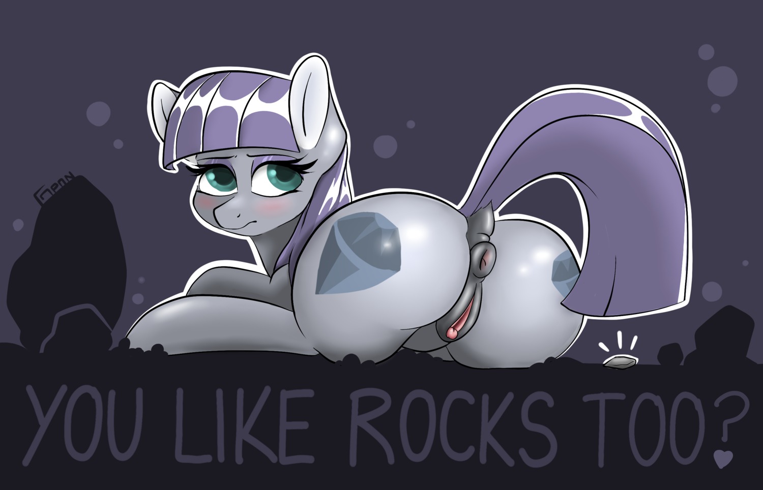 14:9 2014 anus blush boulder_(mlp) butt clitoral_winking clitoris cutie_mark e621 earth_pony english_text equid equine female feral friendship_is_magic fur genitals gigapon grey_body grey_fur hair hasbro hi_res horse looking_at_viewer looking_back mammal maud_pie_(mlp) my_little_pony pony presenting presenting_vulva purple_hair raised_tail rock solo tail teal_eyes text vulva