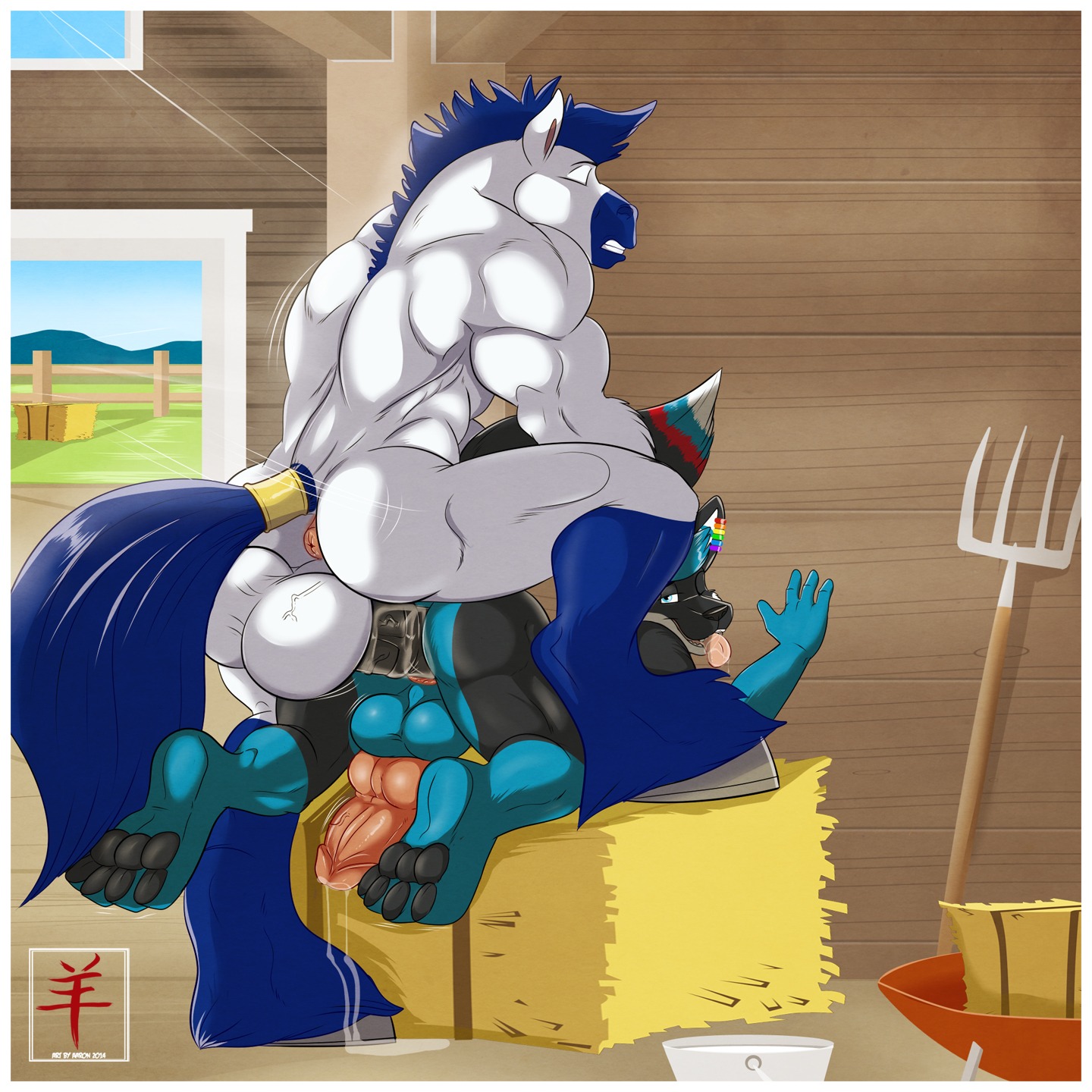 1:1 2014 aaron_(artist) all_fours anal anal_penetration animal_genitalia animal_penis anthro anus backsack balls biceps big_balls big_penis black_body black_fur black_nose black_pawpads black_penis blue_body blue_eyes blue_fur blue_hair blue_nose bodily_fluids border butt canid canine canine_genitalia canine_penis cum cum_string digital_media_(artwork) doggystyle duo e621 ear_piercing equid equine equine_genitalia equine_penis erection eyes_closed fox from_behind_position fur genital_fluids genitals hair hi_res horse humanoid_genitalia humanoid_penis interspecies kneeling knot leaking male male/male male_penetrated male_penetrating male_penetrating_male mammal muscular nude one_eye_closed pawpads paws penetration penis penis_backwards piercing pink_penis precum puffy_anus sex tail tail_wraps tongue tongue_out vein veiny_balls veiny_penis white_body white_border white_fur wink wraps