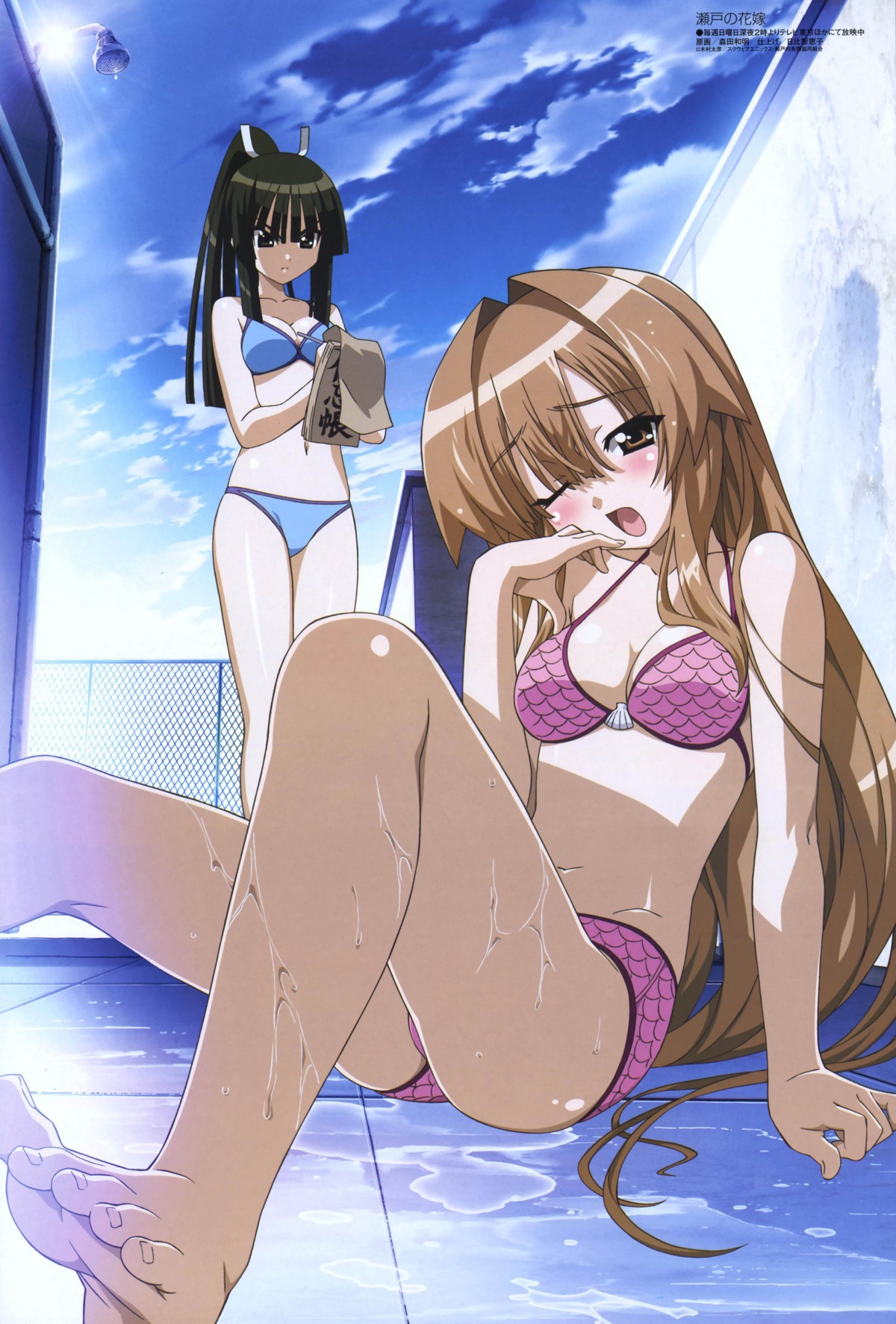 barefoot bikini black_eyes black_hair blush brown_eyes brown_hair feet female female_only high_resolution long_hair megami mizugi morita_kazuaki multiple_females multiple_girls notepad open_mouth ponytail rule34 scan seto_no_hanayome seto_sun shiranui_akeno sitting swimsuit tied_hair wet wince