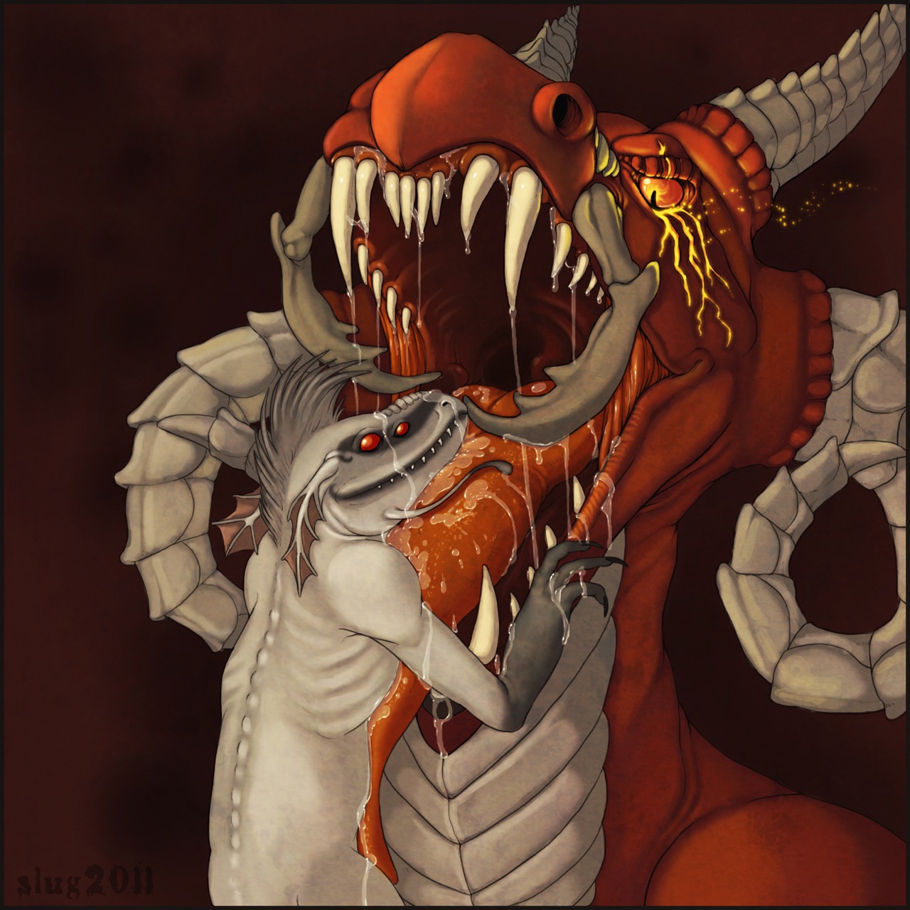 1:1 2011 ambiguous_gender bodily_fluids bust_portrait detailed dragon drooling duo e621 feral happy head_first hi_res horn icon mythological_creature mythological_scalie mythology oddbird oral_vore pincers portrait saliva scalie sharp_teeth simple_background skinny soft_vore teeth tongue unknown_species vore