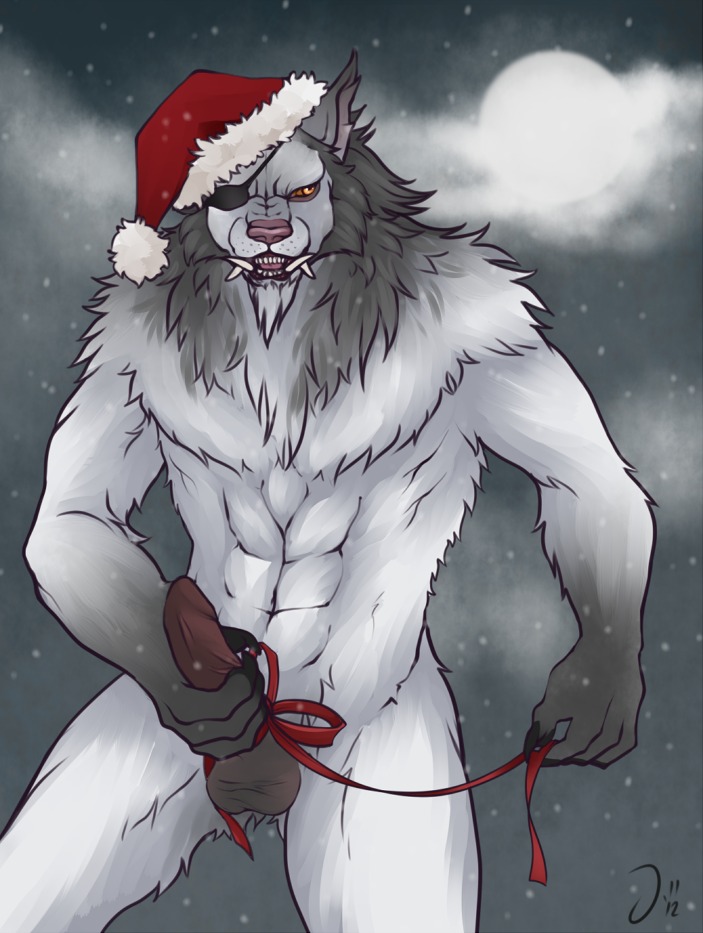 abs anthro balls biceps biped blizzard_entertainment canid chest_tuft christmas claws e621 erection eye_patch eyewear fangs fur genitals grey_body grey_fur holidays humanoid_genitalia humanoid_penis looking_at_viewer male mammal mane masturbation muscular muscular_anthro muscular_male nude open_mouth penile penile_masturbation penis solo standing teeth thejinxess tuft warcraft werecanid werecreature white_body white_fur worgen yellow_eyes