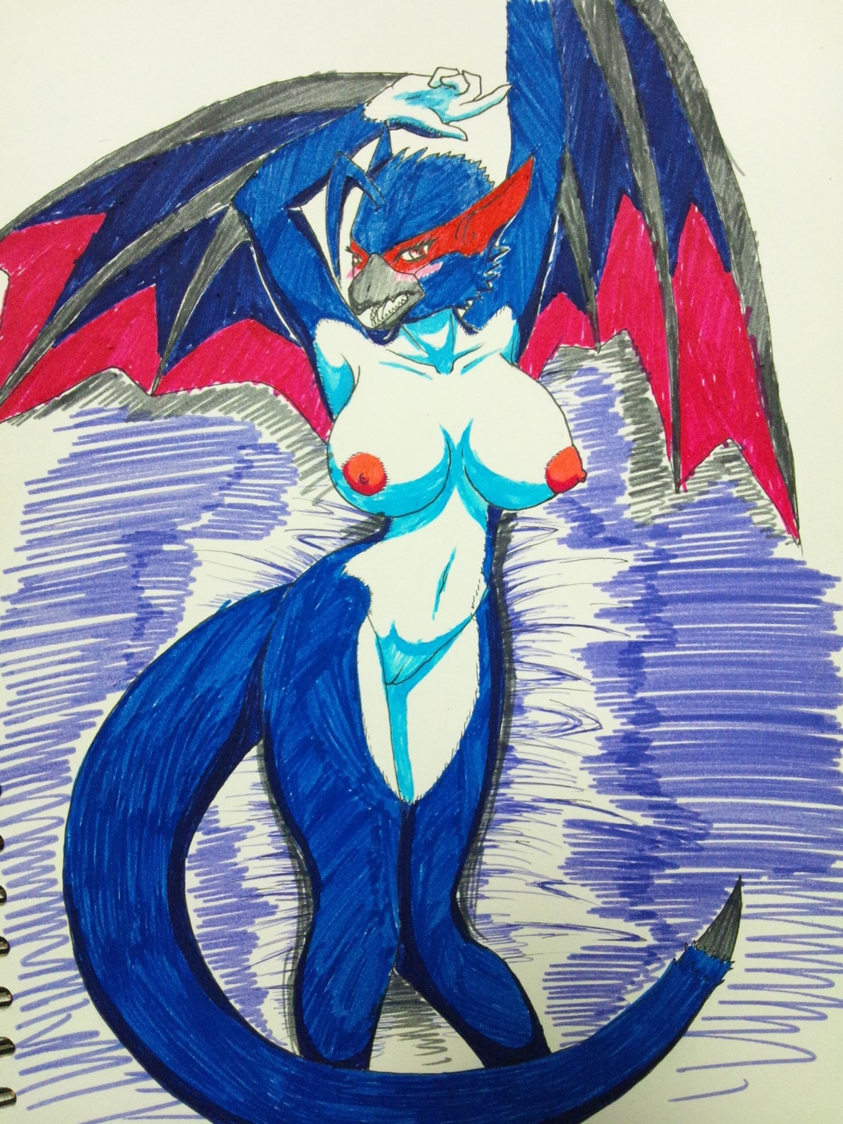 3:4 absurd_res anthro blush breasts capcom dragon e621 european_mythology female flying_wyvern genitals hi_res looking_at_viewer marker_(artwork) membrane_(anatomy) membranous_wings monster_hunter mythological_creature mythological_scalie mythology nargacuga nipples non-mammal_breasts non-mammal_nipples nude red_eyes scalie solo tail traditional_media_(artwork) unknown_artist vulva western_dragon wings wyvern