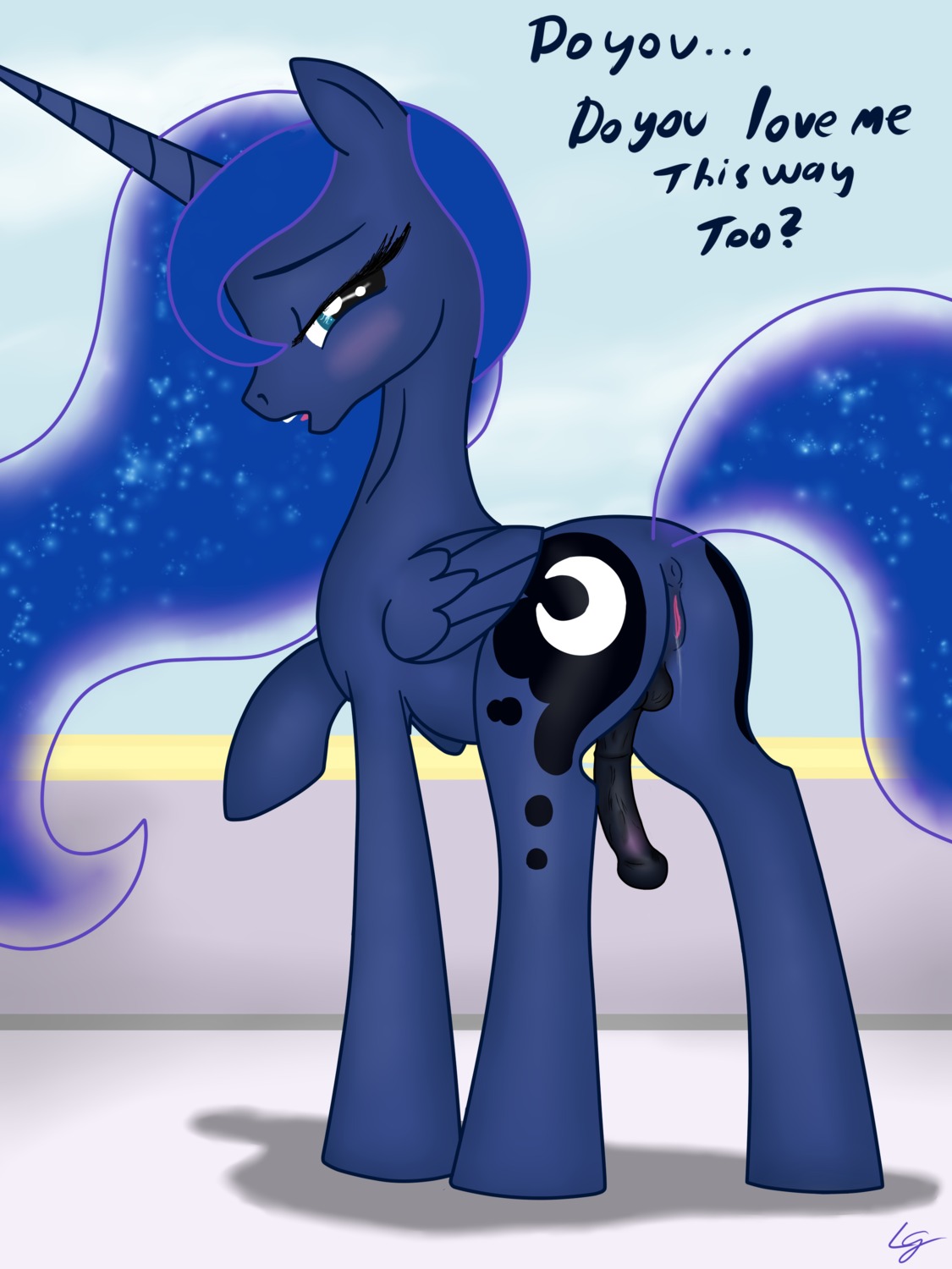 3:4 absurd_res animal_genitalia animal_penis anus backsack balls blue_body blue_eyes blue_feathers blue_fur blue_hair blush bodily_fluids butt cutie_mark dripping e621 english_text equid equine equine_genitalia equine_penis feathered_wings feathers feral friendship_is_magic fur genital_fluids genitals hair half-erect hasbro herm herm_feral hi_res horn intersex intersex_feral lowgravity mammal medial_ring moon my_little_pony mythological_creature mythological_equine mythology penis princess_luna_(mlp) quadruped solo tail text vaginal_fluid_drip vaginal_fluids vulva wet winged_unicorn wings