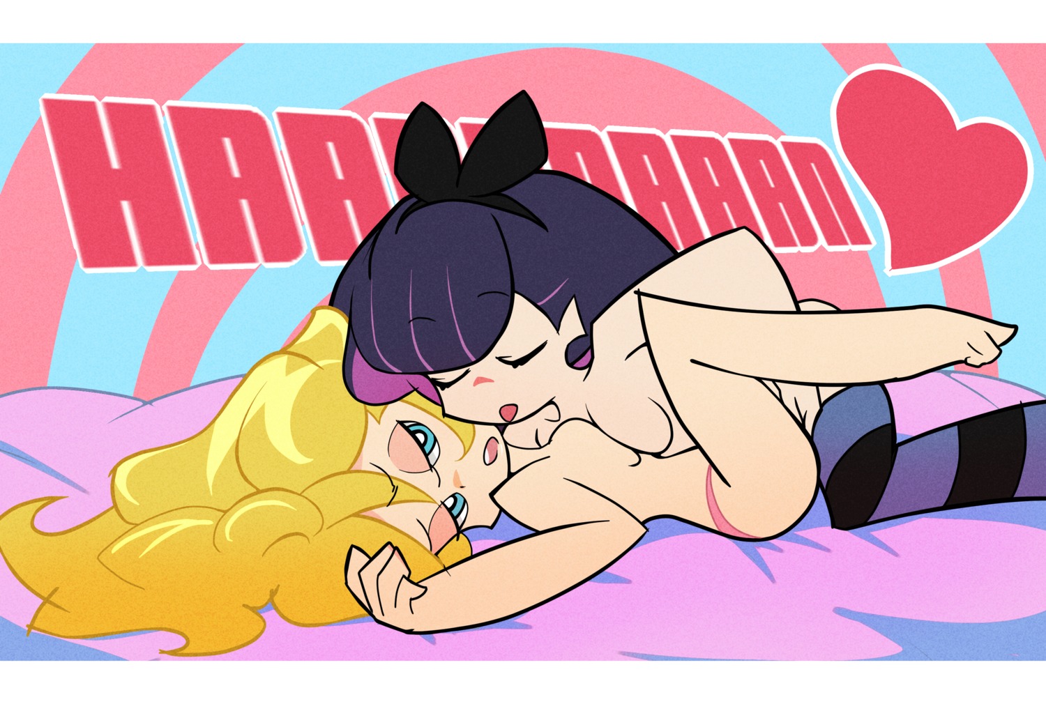 2girls accurate_art_style blonde_hair blue_eyes female highres incest long_hair multicolored_hair multiple_females multiple_girls official_style panty_&amp;_stocking_with_garterbelt panty_anarchy parody pu-chin rule34 siblings sisters stocking_anarchy striped striped_legwear striped_thighhighs style_parody thighhighs two-tone_hair yuri