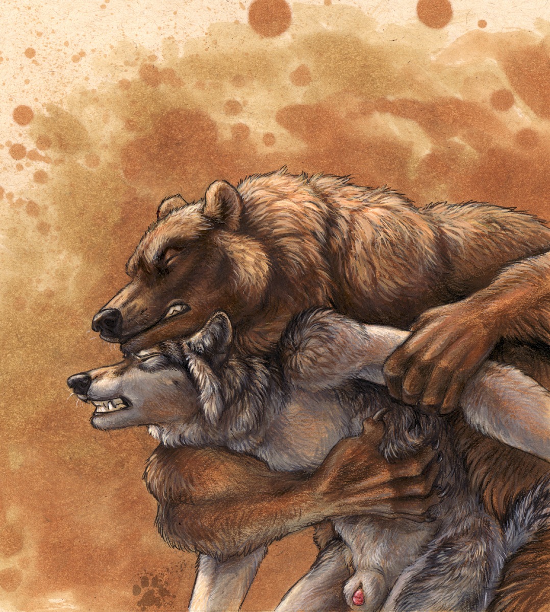2009 5_fingers anal anal_penetration animal_genitalia anthro arm_grab bear bent_over blotch brown_body brown_fur canid canine canis claws clenched_teeth dominant duo e621 eyes_closed fingers flaccid fluffy from_behind_position fully_sheathed fur genitals grey_body grey_fur hand_on_belly hi_res hug inner_ear_fluff interspecies larger_dom male male/male male_penetrated male_penetrating male_penetrating_male mammal nude painful_penetration penetration penis penis_tip questionable_consent scratches_volume_3 sex sheath sheathed_while_penetrated side_view simple_background size_difference tail teeth traditional_media_(artwork) tuft watermark wolf