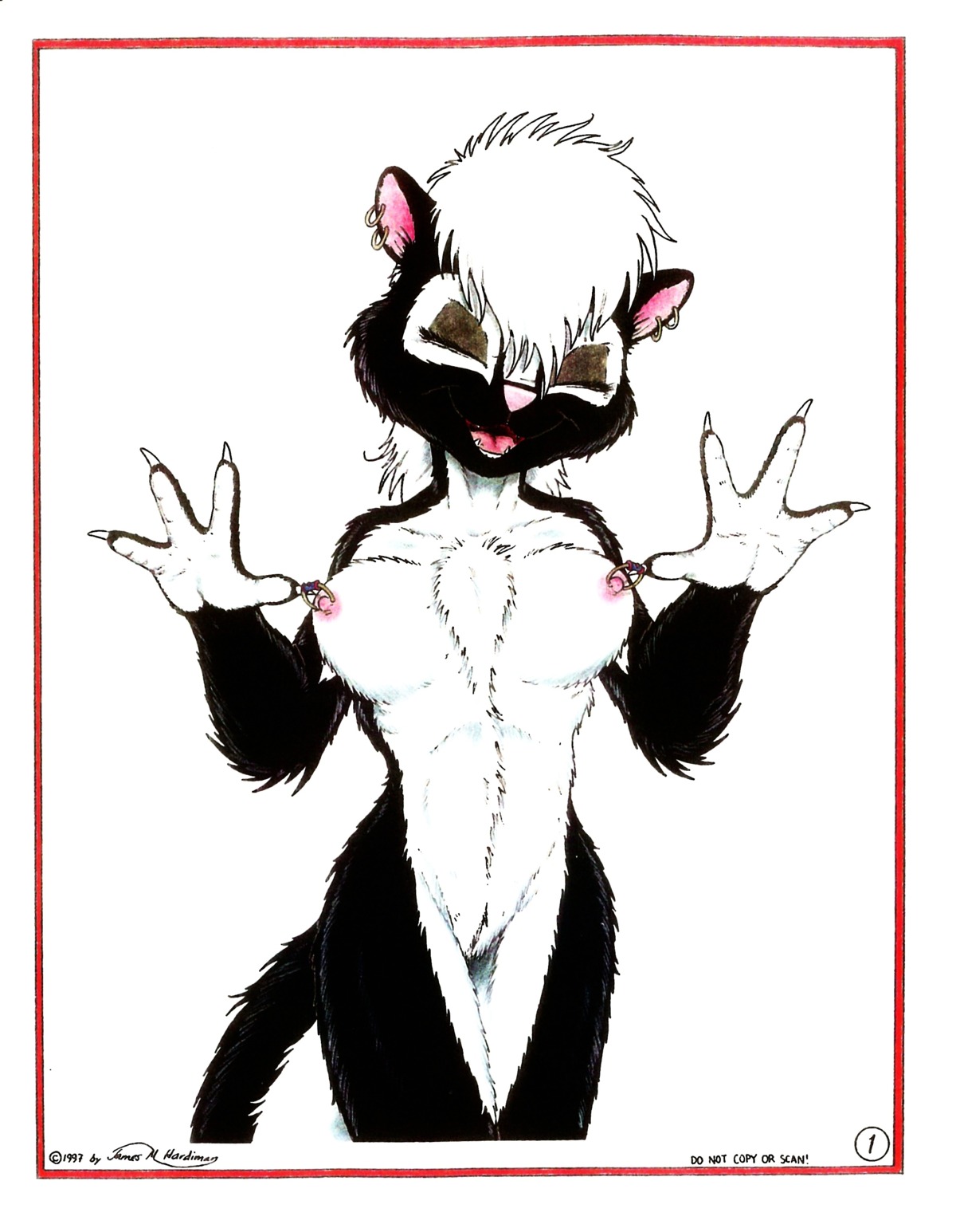1997 absurd_res anthro breasts claws copyright_symbol e621 ear_piercing eyes_closed female genitals hi_res james_m_hardiman mammal mephitid nipple_piercing nipples nude onyx_(jmh) piercing skunk solo symbol tail vulva