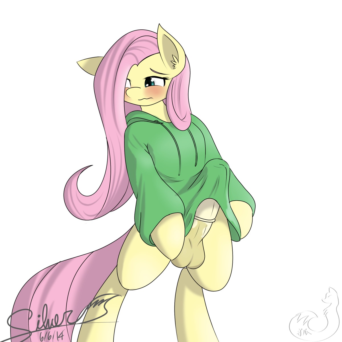 1:1 2014 animal_genitalia animal_penis balls blush bottomless clothed clothing e621 english_text equid equine equine_genitalia equine_legs equine_penis erection eyelashes feral fluttershy_(mlp) friendship_is_magic fur genitals gynomorph hair hasbro hi_res hoodie horse intersex long_hair mammal my_little_pony penis pink_hair pony signature silverfox057 simple_background solo text topwear white_background yellow_body yellow_fur
