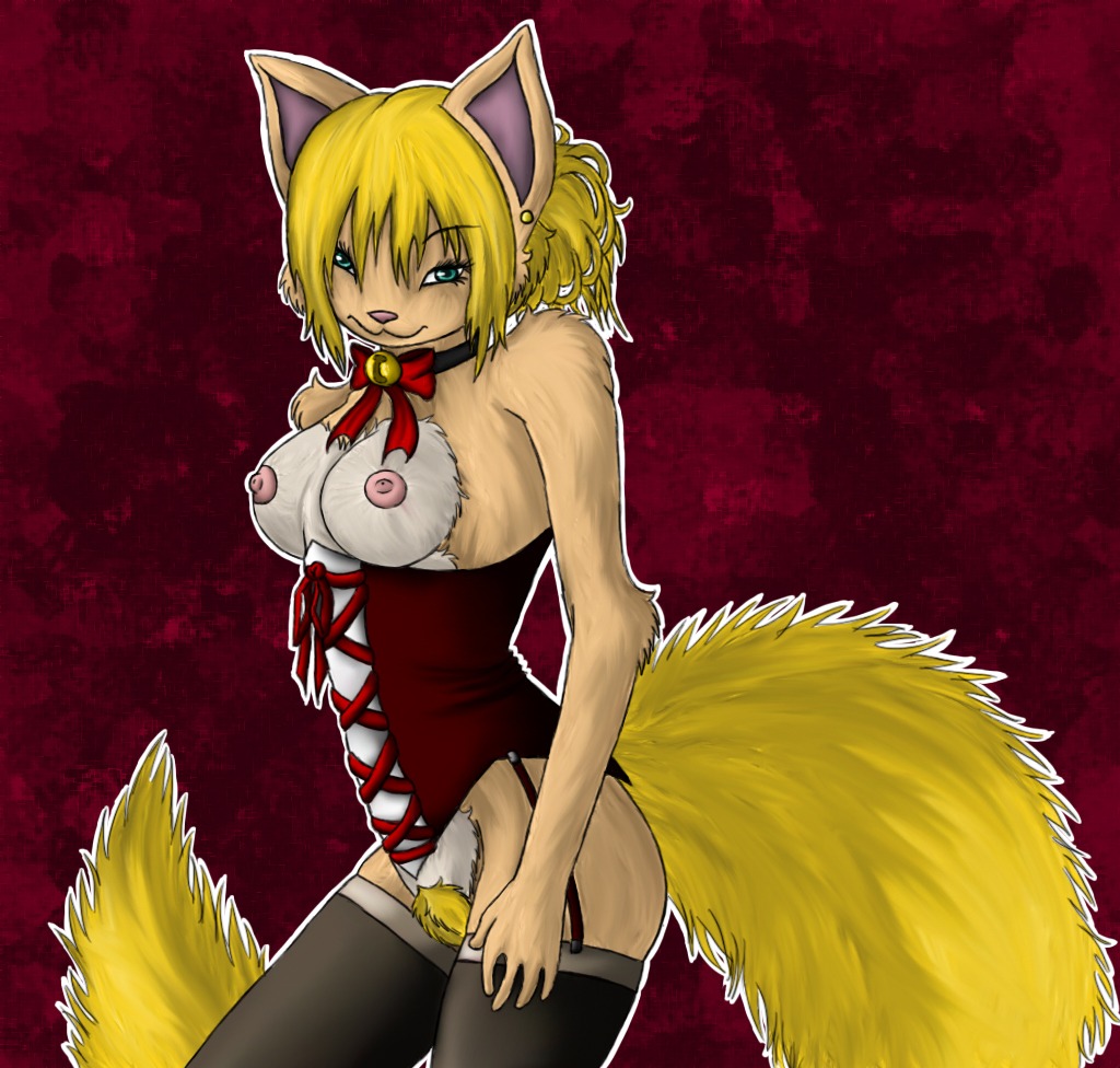 anthro bell biped blonde_hair breasts choker clothing collar corset domestic_cat e621 felid feline felis female garter_straps hair jewelry legwear lingerie looking_at_viewer mammal necklace nipples noelleneko pinup pose pubes ribbons simple_background solo standing stockings tail topwear
