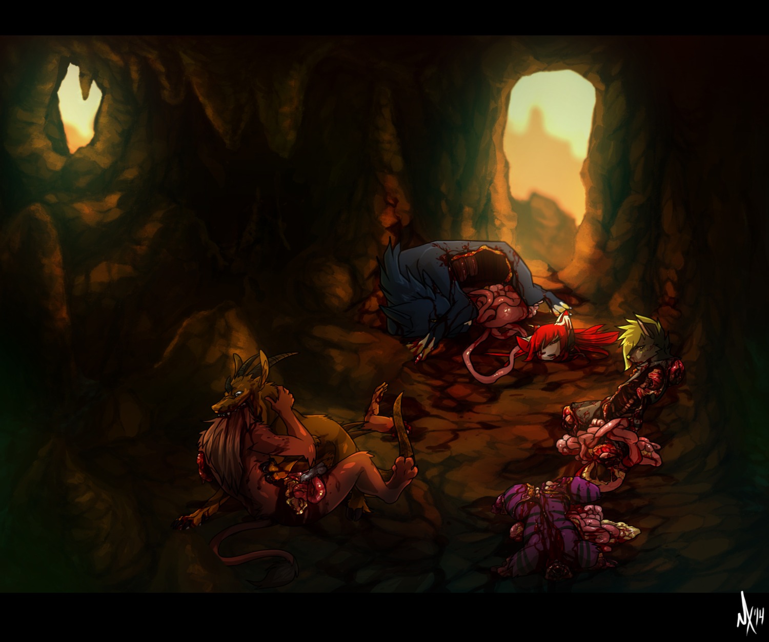 4_missing_limbs american_mythology amputation amputee anthro blood bodily_fluids cave chupacabra cinderella_(darktail67) death decapitation disability disembowelment e621 erection female genitals gore gore_focus group hard_vore hi_res male missing_head mythology necrophilia nekochan90 penis quadruple_amputee severed_body_part severed_head vore zero_(kokkinos)