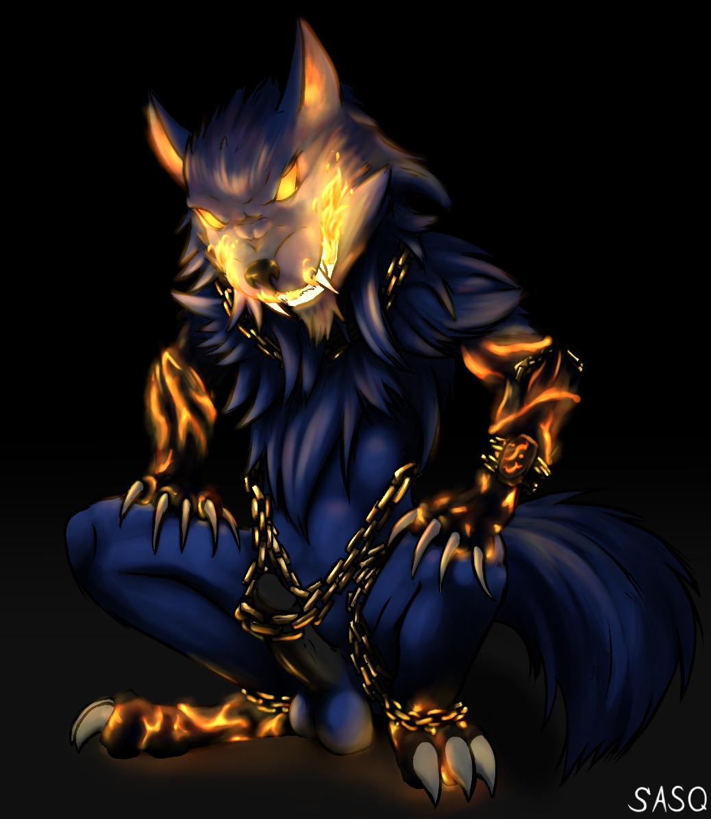 anthro balls canid canine canis chain e621 erection fenrir_(smite) fire genitals grin humanoid_genitalia humanoid_penis male mammal penis presenting sasq smile smite solo spread_legs spreading wolf