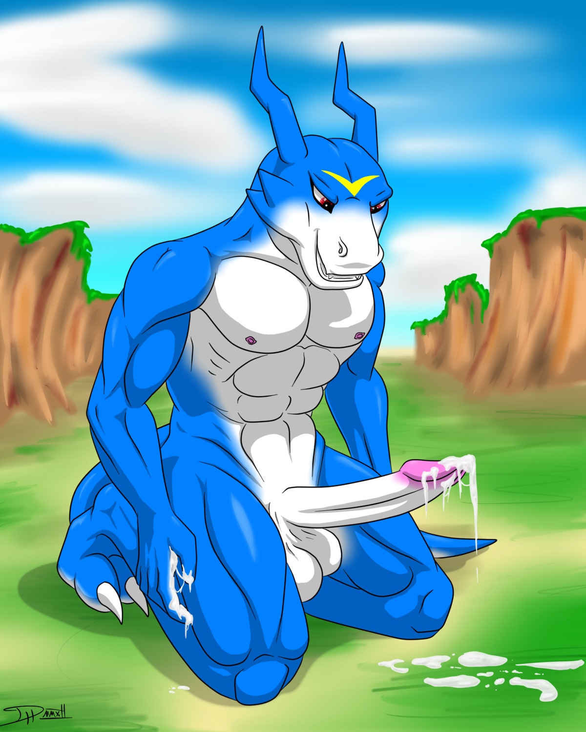 4:5 abs absurd_res after_masturbation anthro balls bandai_namco biceps big_penis biped blue_body blue_skin bodily_fluids cum cum_on_hand cum_on_penis cumshot digimon digimon_(species) e621 ejaculation erection flamedramon genital_fluids genitals hi_res iudicium86 kneeling leaking male masturbation muscular muscular_anthro muscular_male nipples nude orgasm pecs penis pose red_eyes solo tail
