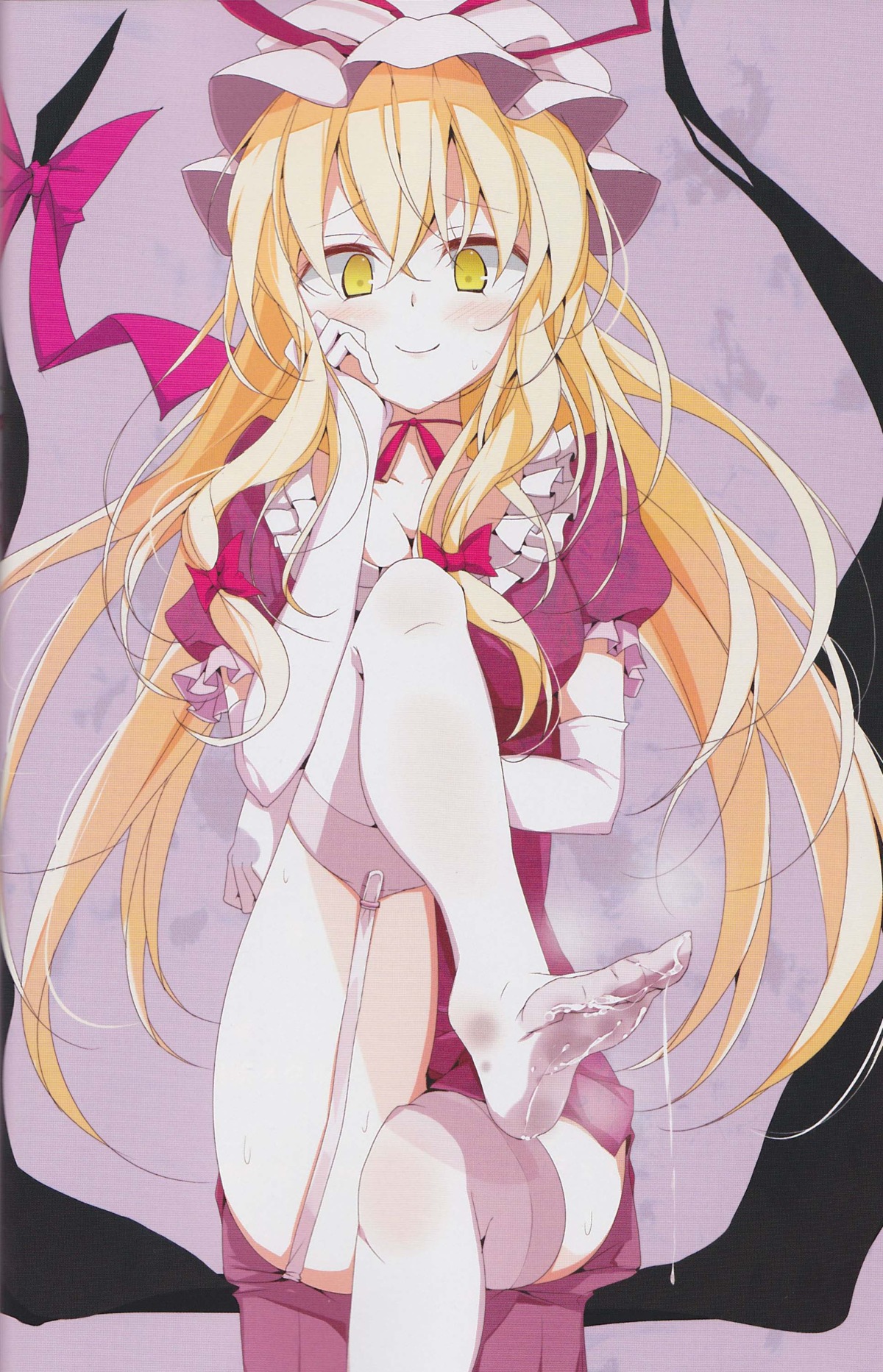 blonde_hair crossed_legs cum cum_on_body cum_on_lower_body feet female garter_belt garter_straps gloves hat highres legs long_hair pov_feet ribbon rule34 scan scan_artifacts sitting smile thighhighs touhou usotsukiya white_legwear white_thighhighs yellow_eyes yukari_yakumo