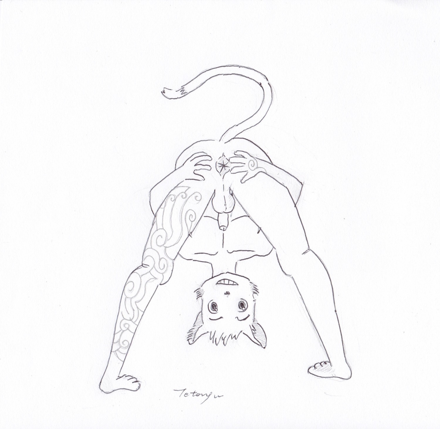 absurd_res anthro anus backsack balls biped butt e621 felid genitals grin hair hi_res looking_at_viewer male mammal nude penis pinx short_hair shota simple_background smile solo spread_legs spreading tattoo tetongu_(144560) traditional_media_(artwork) white_background young young_anthro young_male