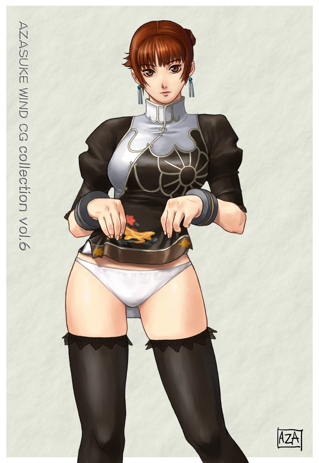 azasuke black_dress black_legwear black_thighhighs brown_eyes brown_hair chai_xianghua china_dress chinese_clothes dress dress_lift earrings female female_only highres human jewelry panties rule34 short_hair solo soul_calibur standing thighhighs underwear white_panties zettai_ryouiki