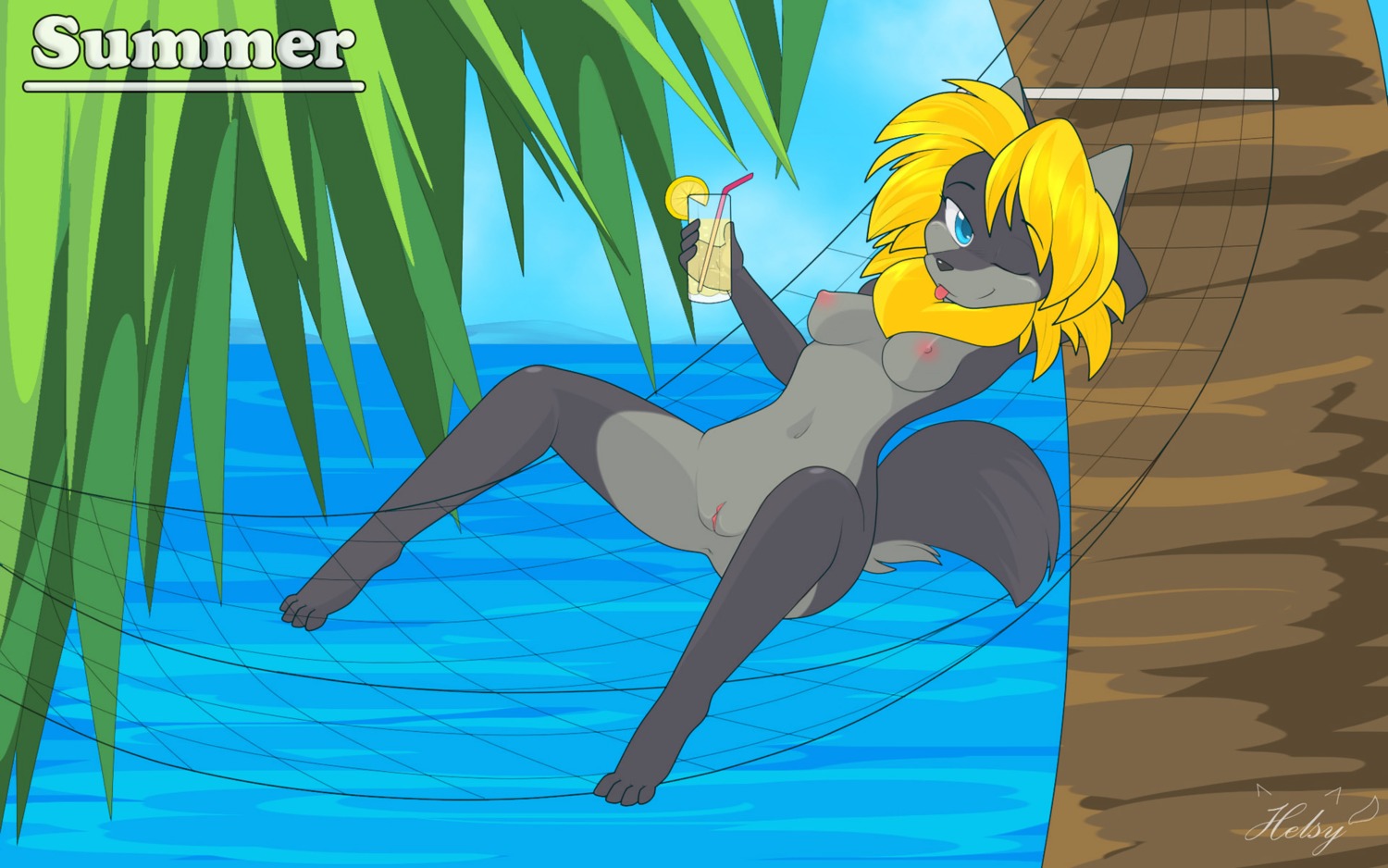 16:10 4_toes anthro anus bendy_straw beverage biped blonde_hair blue_eyes breasts canid canine canis casual_nudity digital_media_(artwork) drinking_straw e621 feet female food fruit genitals hair hammock helsy hi_res lafille lemon looking_at_viewer mammal nipples nude nude_anthro nude_female nudist one_eye_closed pinup plant pose solo spread_legs spreading summer tail toes tongue tongue_out tree vulva water widescreen wink wolf wood