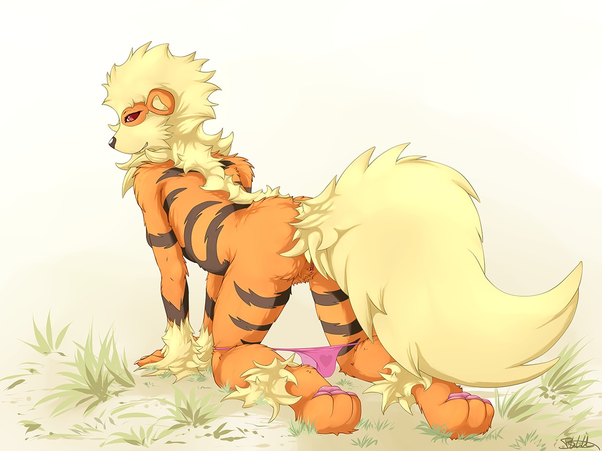 2011 4:3 all_fours anthro arcanine blackfury canid canine clothed clothing e621 female fire fluffy generation_1_pokemon genitals looking_back mammal nintendo panties panties_down partially_clothed pokemon pokemon_(species) pokemorph simple_background solo tail topless underwear underwear_down vulva white_background