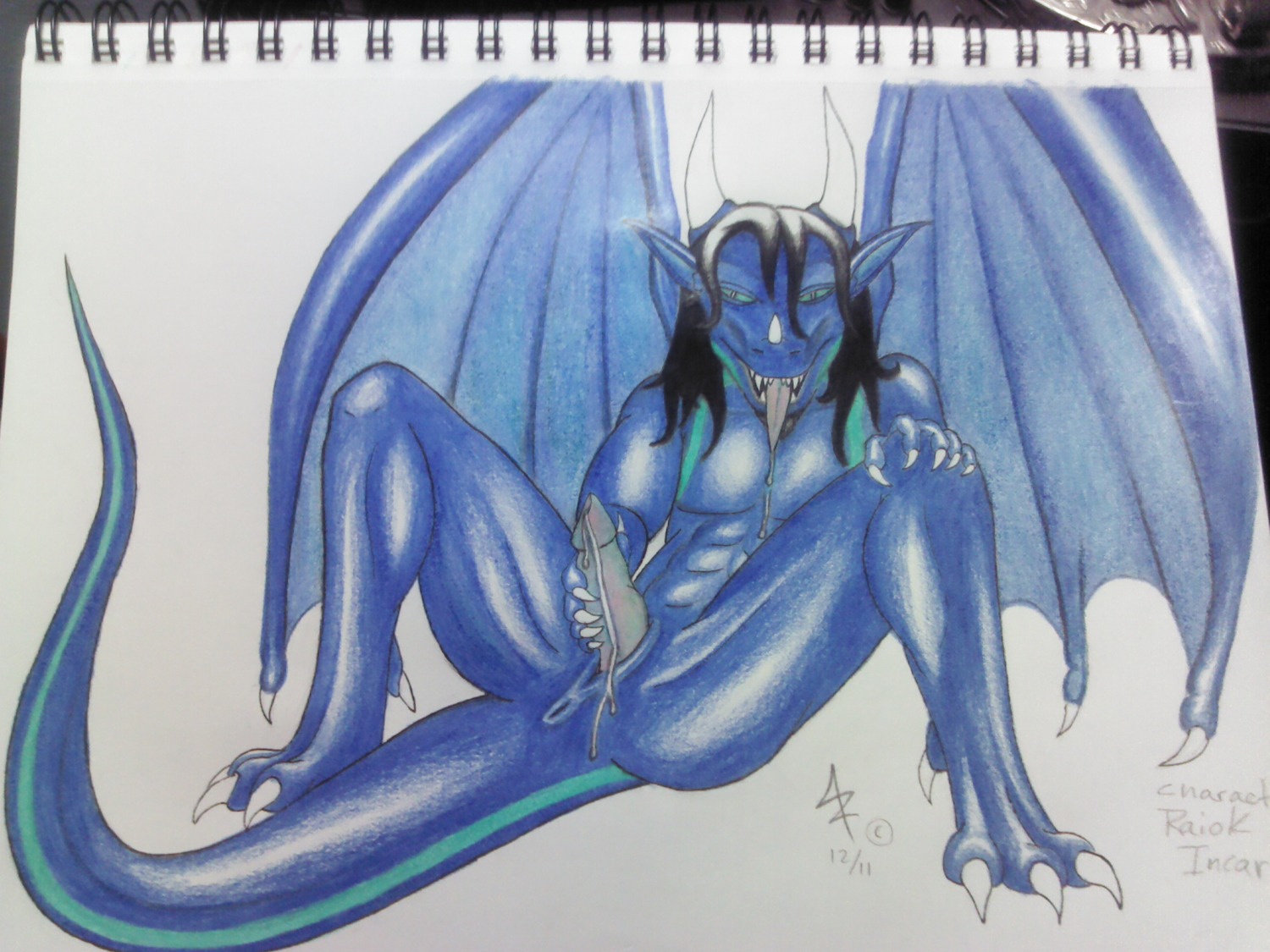 4:3 anus blue_body bodily_fluids claws colored_pencil_(artwork) cum dragon e621 erection genital_fluids genitals hi_res horn male masturbation membrane_(anatomy) membranous_wings mythological_creature mythological_scalie mythology penile penile_masturbation penis raiok_incaris raiokincaris scalie shaded simple_background solo tail teeth tongue traditional_media_(artwork) unknown_artist white_background wings