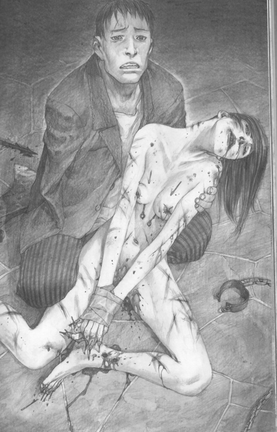 1boy 1girls bad_end barefoot blood bound_arms breasts clothing cuts female female_focus gore guro highres hiroaki_samura injury male monochrome navel needles nipples nude pencil rule34 scan shackle tape toes torture wounds