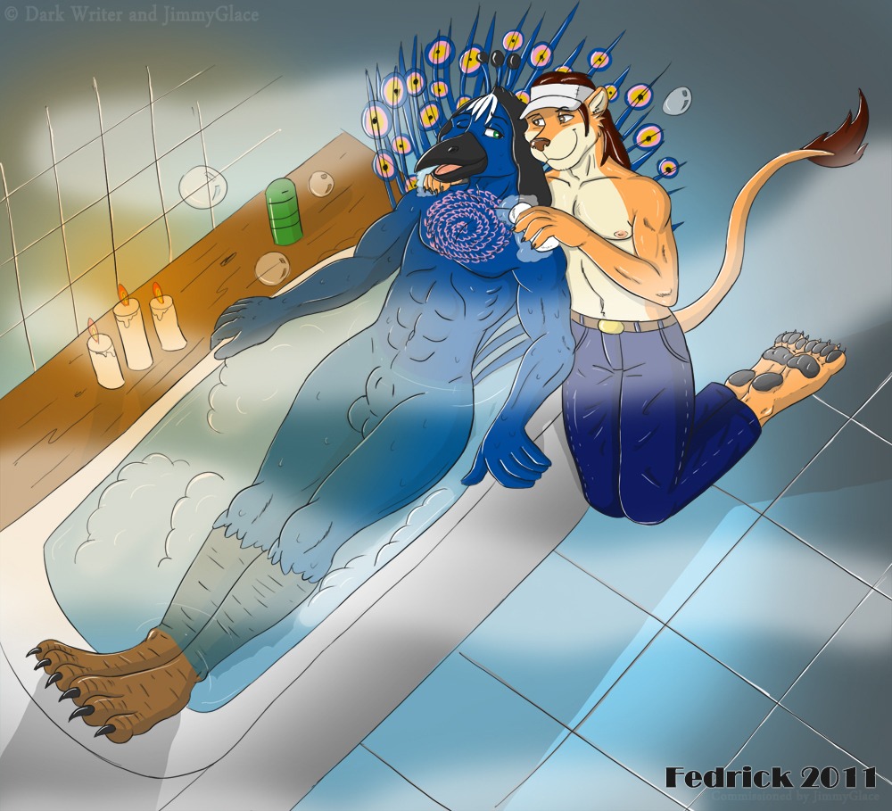 2011 abs animal_genitalia anthro avian balls bath beak bird clothed clothing duo e621 eyes_closed feathers fedrick feet felid fully_sheathed galliform genitals hindpaw indian_peafowl jimmyglace light lion love male male/male mammal navel nipples nude pantherine paws peacock_feather peafowl phasianid rubbing sheath tail talons toes topless water