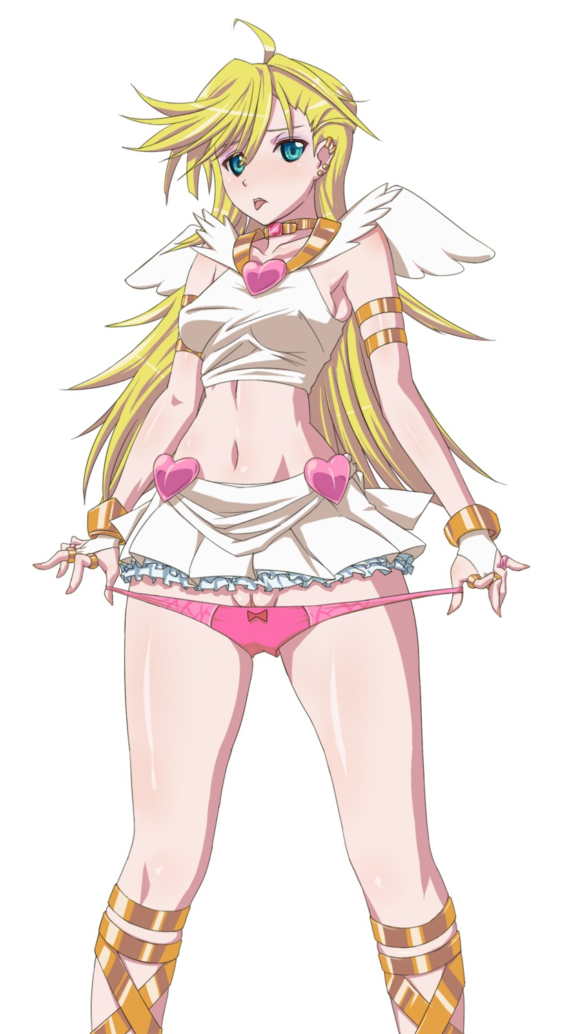 :p angel female highres jewelry lots_of_jewelry panties panty_&amp;_stocking_with_garterbelt panty_anarchy pink_panties pussy rule34 straight_hair uncensored underwear white_background wings