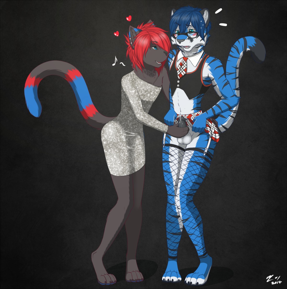 anthro balls barefoot black_penis blue_eyes blue_hair blush bodily_fluids bottomwear clothed clothing crossdressing cum domestic_cat dress duo e621 embarrassed erection eyewear feet felid feline felis femboy fishnet_clothing genital_fluids genitals glasses hair handjob hi_res interspecies legwear male male/male mammal midriff pantherine paws penile penis precum red_hair reizo sex skirt stockings tiger yuniwolfsky