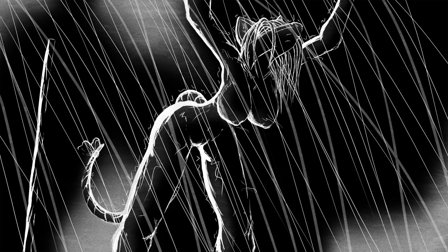 16:9 anthro backlighting biped black_and_white breasts breq-zerith burmecian e621 female female_anthro final_fantasy final_fantasy_ix freya_crescent hair hi_res high_contrast leaning light lighting line_art long_hair mammal monochrome nipples nude nude_anthro nude_female outside raining ribbons rodent solo square_enix tail water wet widescreen
