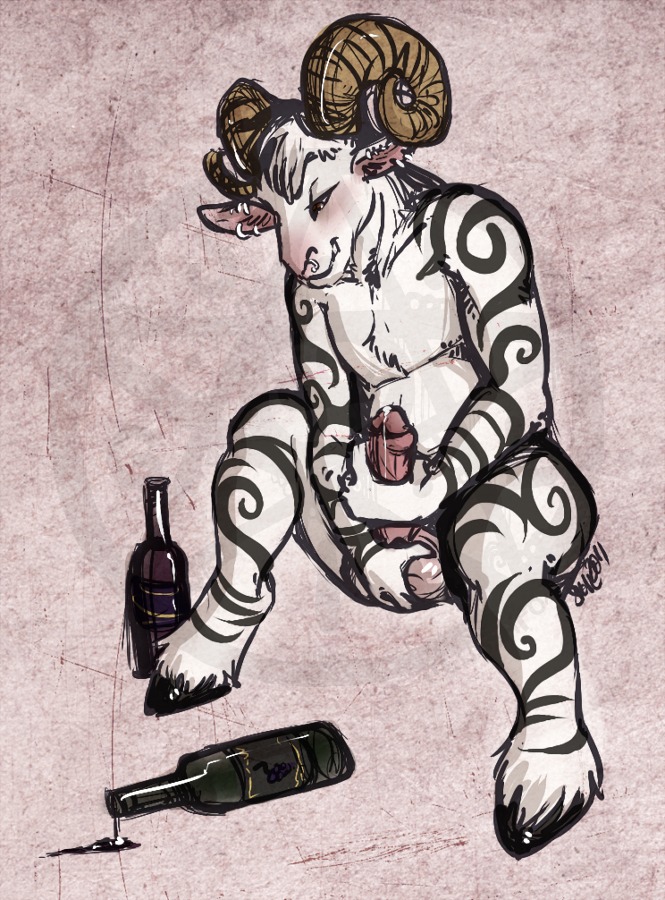 alcohol anthro beverage bovid caprine deervvitch drunk e621 ear_piercing erection food genitals goat humanoid_genitalia humanoid_penis male mammal masturbation moo_lawgoat penile penile_masturbation penis piercing solo substance_intoxication tattoo wine