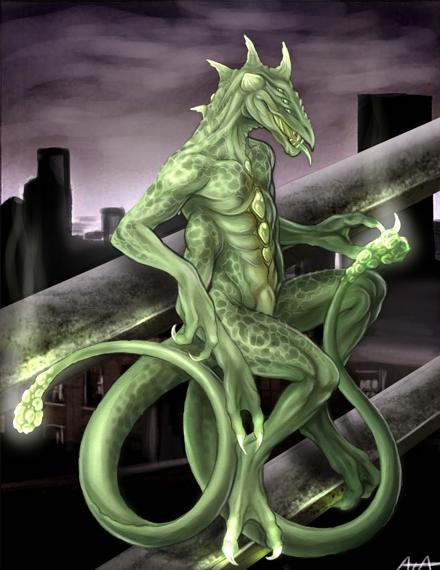 2_tails 4_arms 6_eyes animal_genitalia anthro city cityscape claws dragon e621 evening fangs fully_sheathed genitals glowing green_body green_horn green_scales green_sheath horn male multi_arm multi_eye multi_limb multi_tail mythological_creature mythological_scalie mythology nude rukis scales scalie sheath solo tail teeth white_claws
